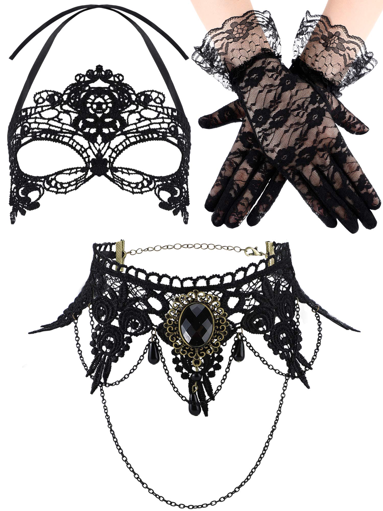 ZIBUYU 3Pcs Lace Gloves Set for Women with Mask and Lace Chain Choker, Black Gothic Masquerade Mask Set for Cosplay, Party, Prom, Festival Rave, Carnival, Halloween ZIBUYU 3Pcs Lace Gloves Set for Women with Mask and Lace Chain Choker, Black Gothic Masquerade Mask Set for Cosplay, Party, Prom, Festival Rave, Carnival, Halloween